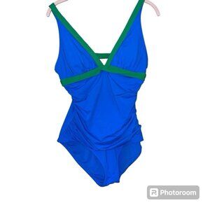 Tommy Bahama One Piece Swim Suit Blue with Green Trim Sz 6 Ruched Body Modest
